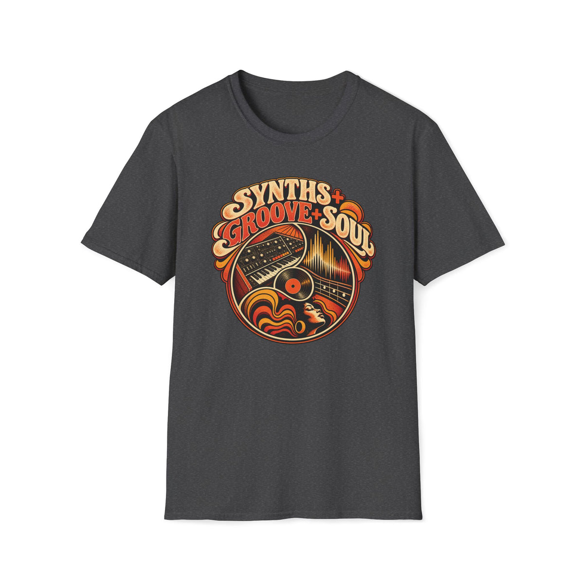 Dark heather gray Synths, Groove & Soul T-shirt with a synthesizer, vinyl record, and glowing waveform.