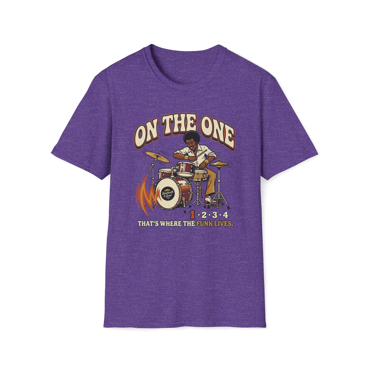 Heather purple On the One T-shirt with a drummer at a vintage kit with an accented first beat.