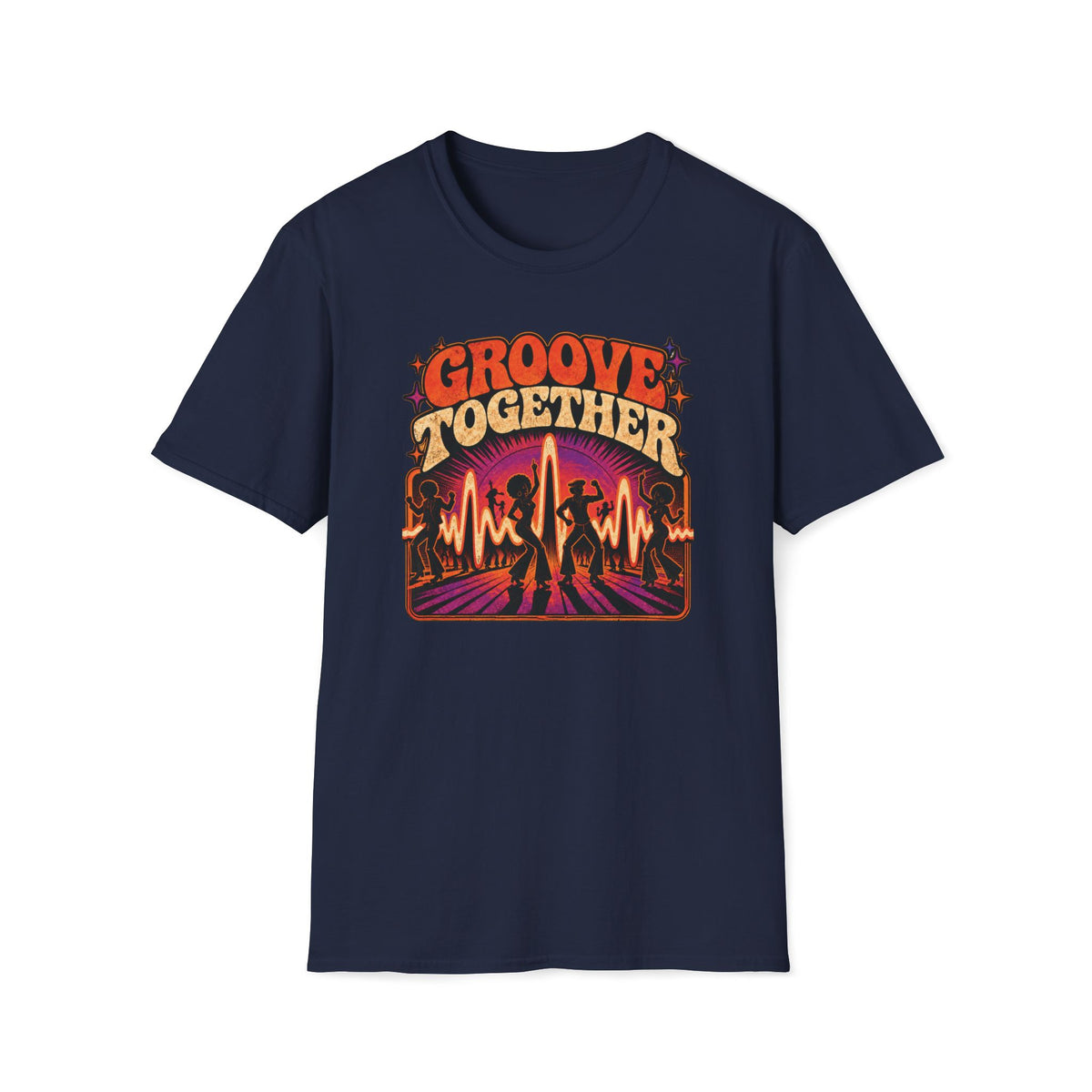 Navy Groove Together T-shirt with dancers, a glowing waveform, and a radiating dance floor.