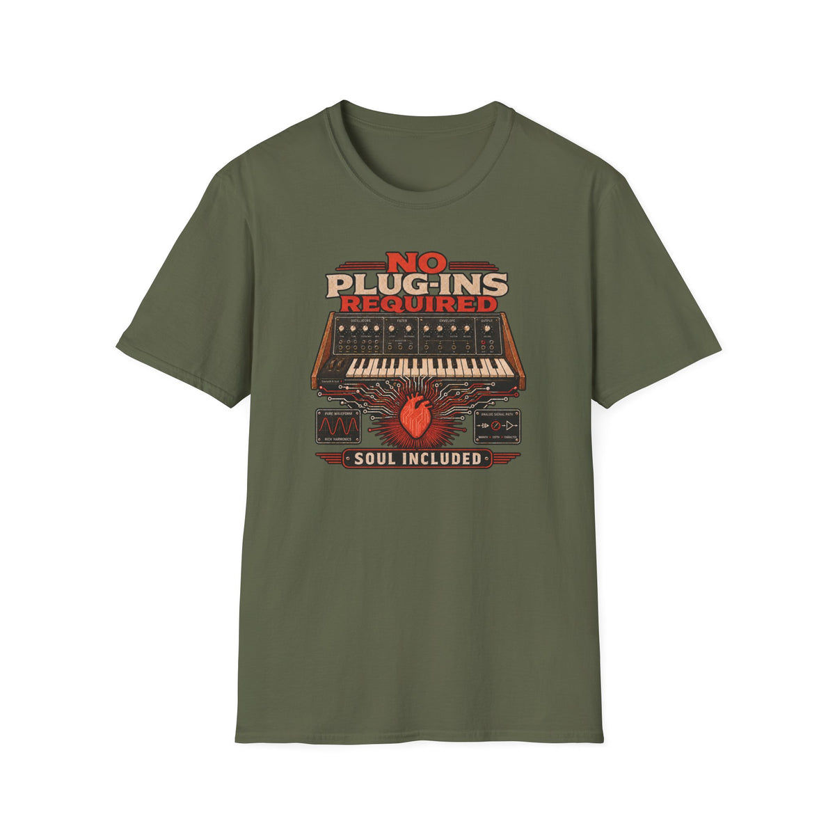 Military Green No Plug-Ins Required T-shirt with vintage analog synthesizer, heart circuitry, and Soul Included artwork
