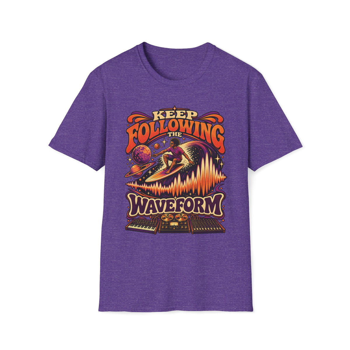 Heather purple Keep Following the Waveform T-shirt with a surfer riding a waveform above analog music gear.