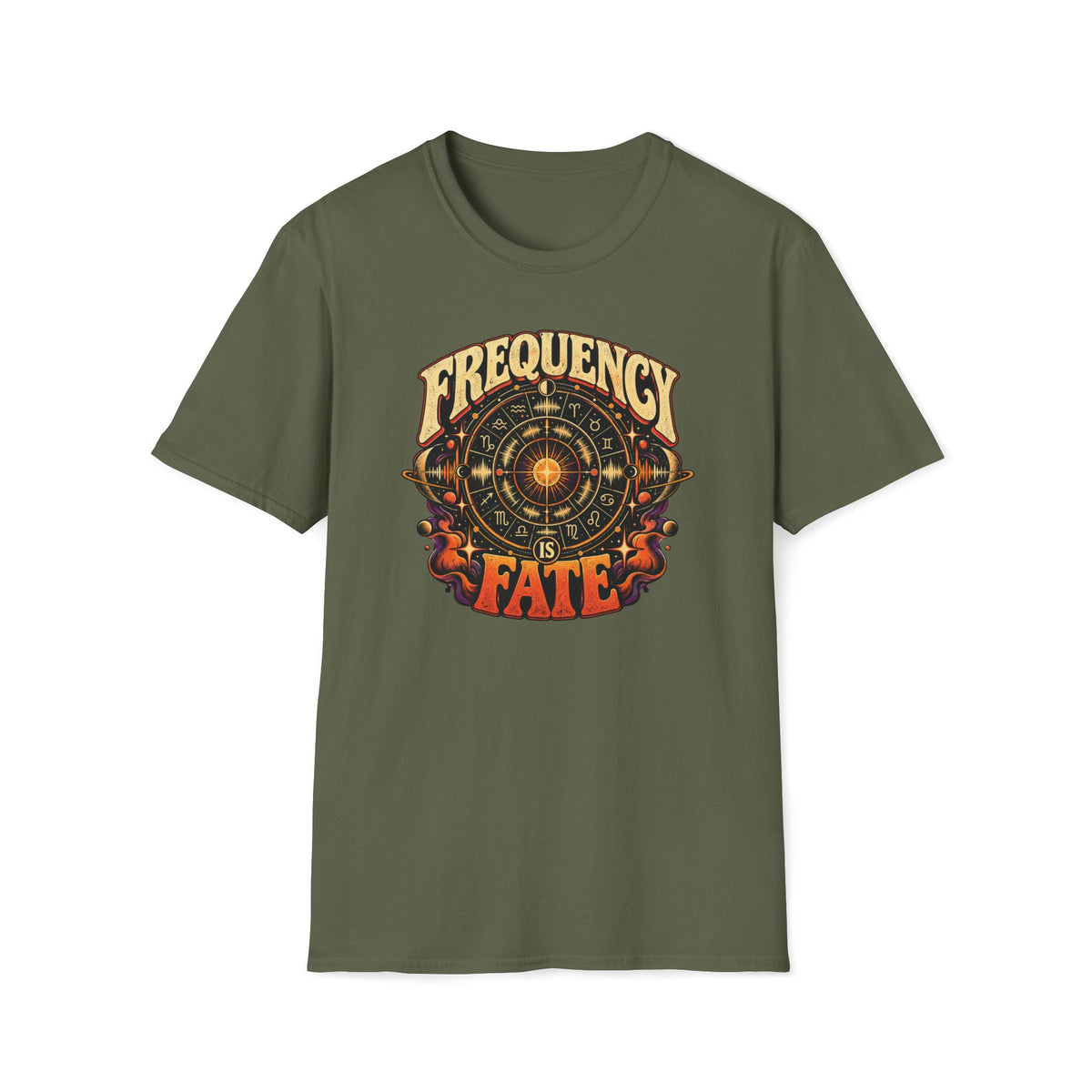Military green Frequency Is Fate T-shirt with a sun-centered zodiac wheel, planets, and waveforms.