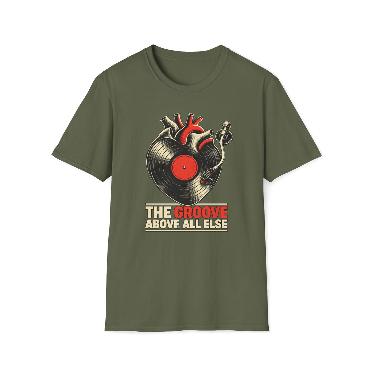 Military green The Groove Above All Else T-shirt with an anatomical heart merged with a vinyl record and tonearm.