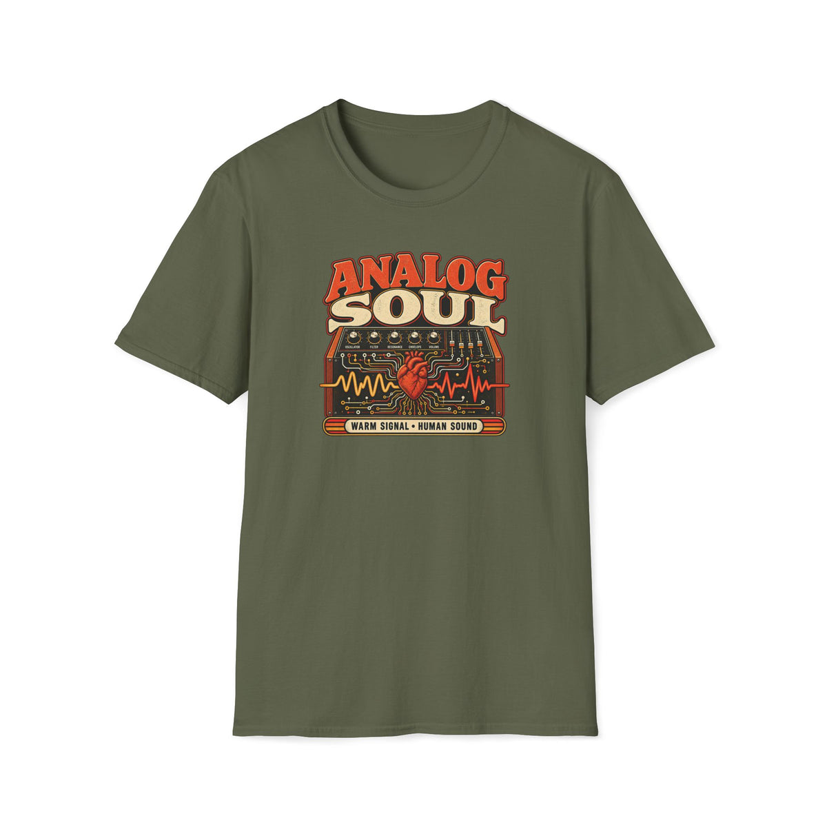 Military green Analog Soul T-shirt with a red heart within a synth control panel and circuitry.