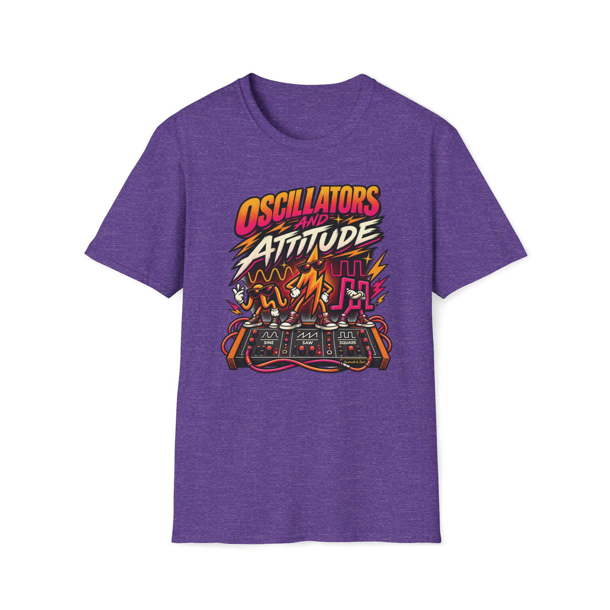 Heather purple Oscillators and Attitude T-shirt with sine, saw, and square wave characters on a synth panel.