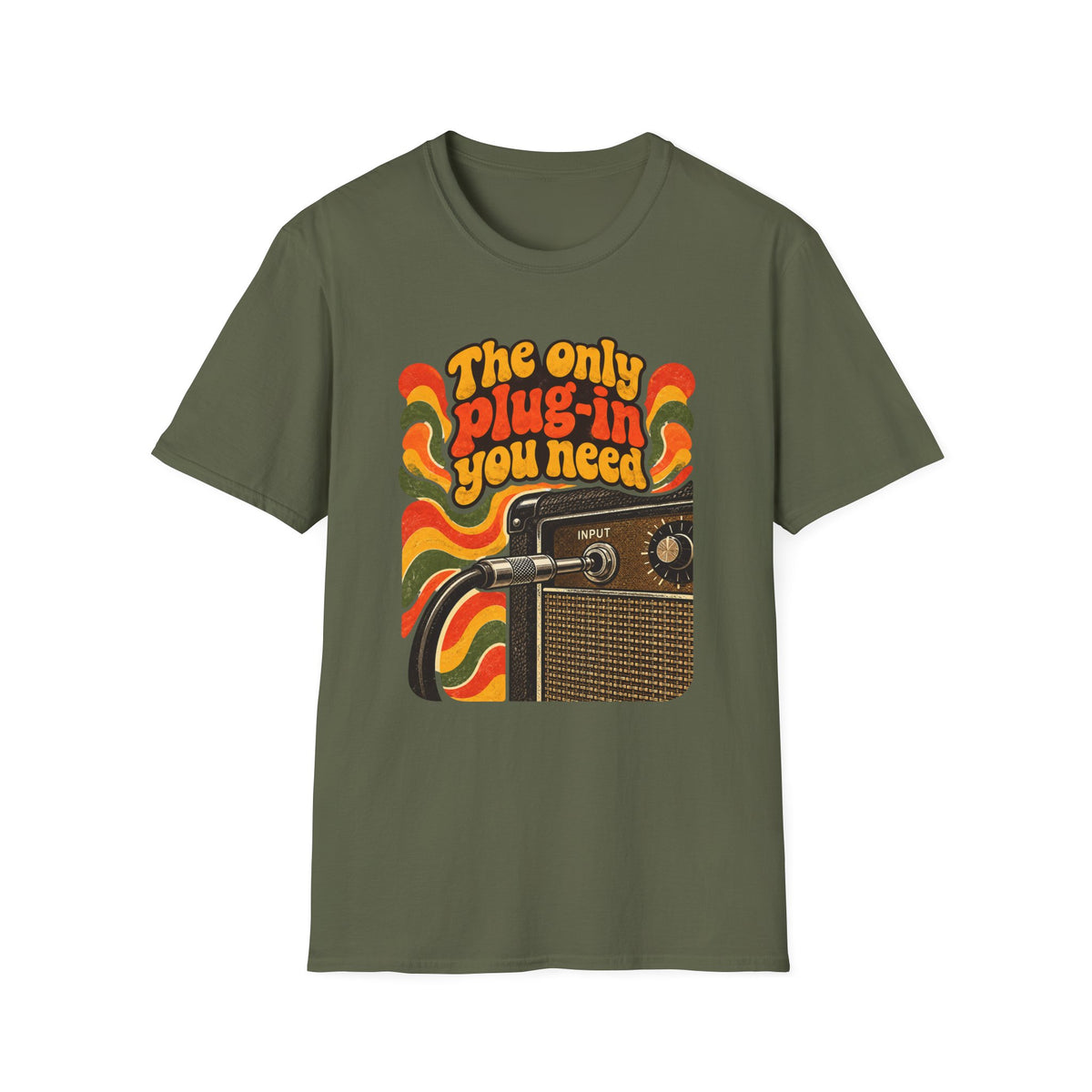 Military green The Only Plug-In You Need T-shirt with a vintage guitar amplifier and plugged-in cable.