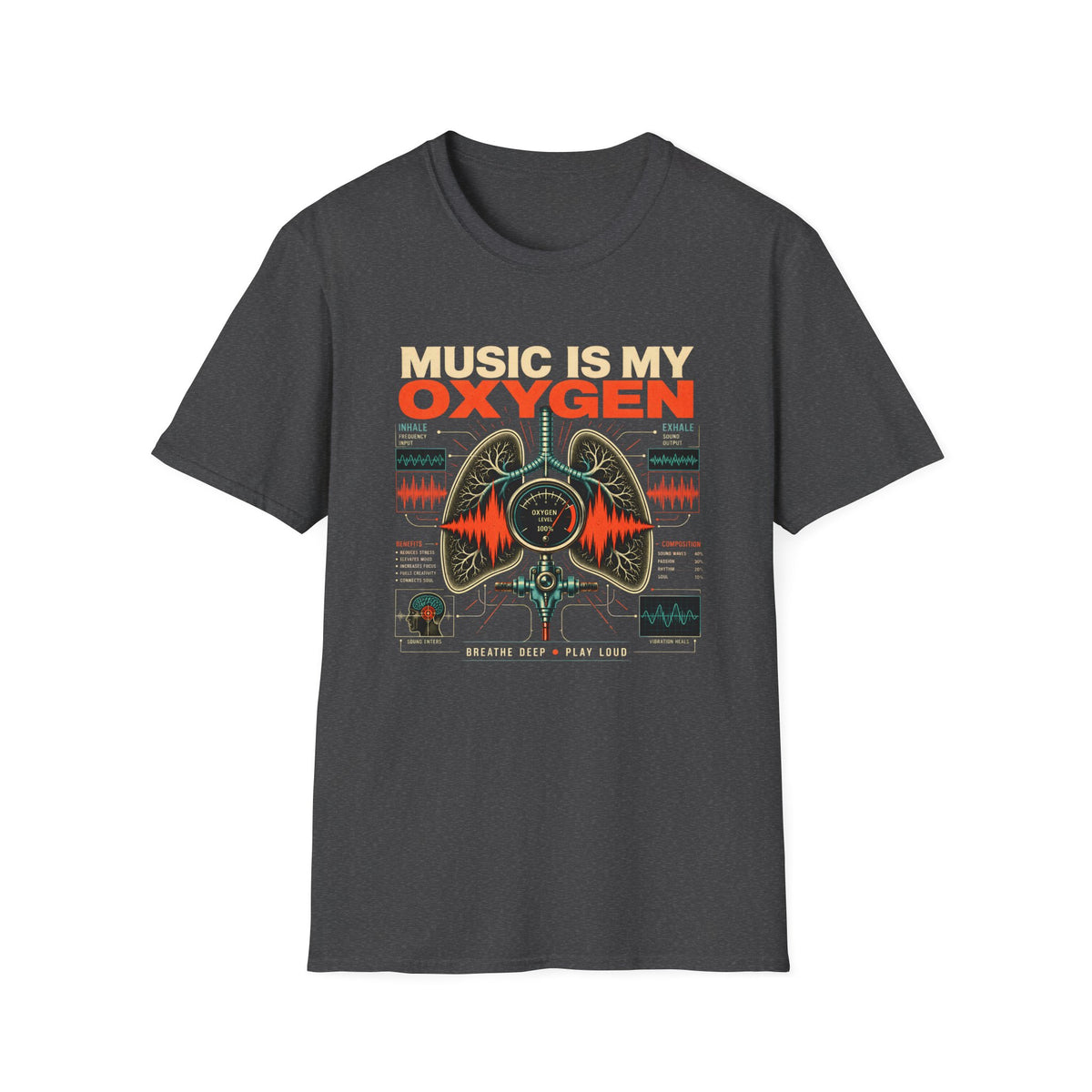 Dark heather gray Music Is My Oxygen T-shirt with anatomical lungs, waveforms, and vintage audio details.