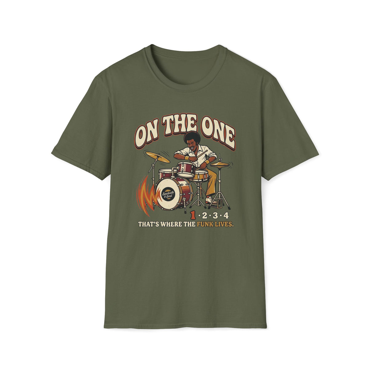 Military green On the One T-shirt with a drummer at a vintage kit with an accented first beat.