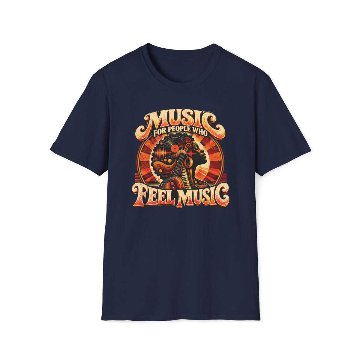 Navy Music for People Who Feel Music T-shirt with a listener framed by a sunburst and vinyl-inspired shapes.