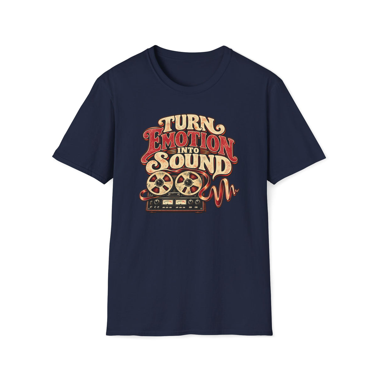 Navy Turn Emotion Into Sound T-shirt with a reel-to-reel recorder with tape turning into a waveform.