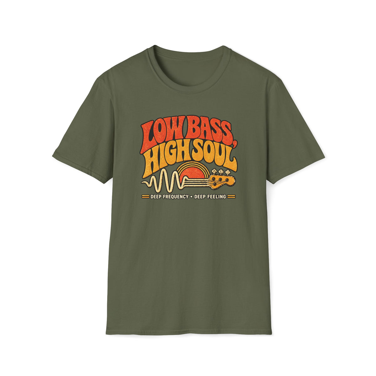 Military green Low Bass High Soul T-shirt with a bass headstock, waveform, and retro sunset.