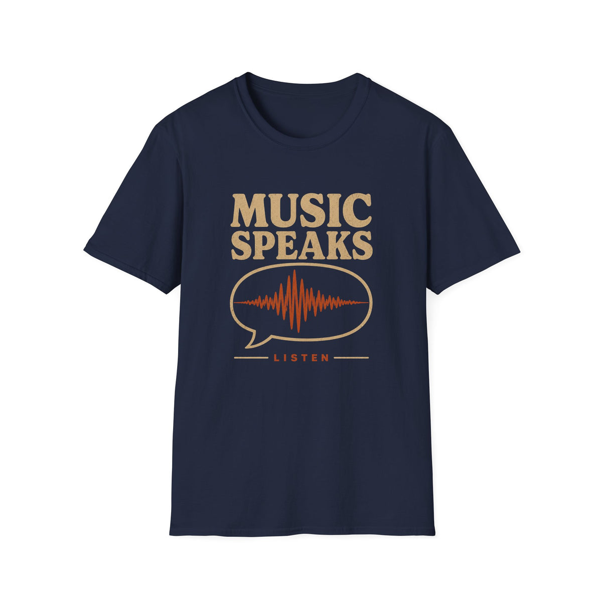 Navy Music Speaks T-shirt with a waveform inside a speech bubble.