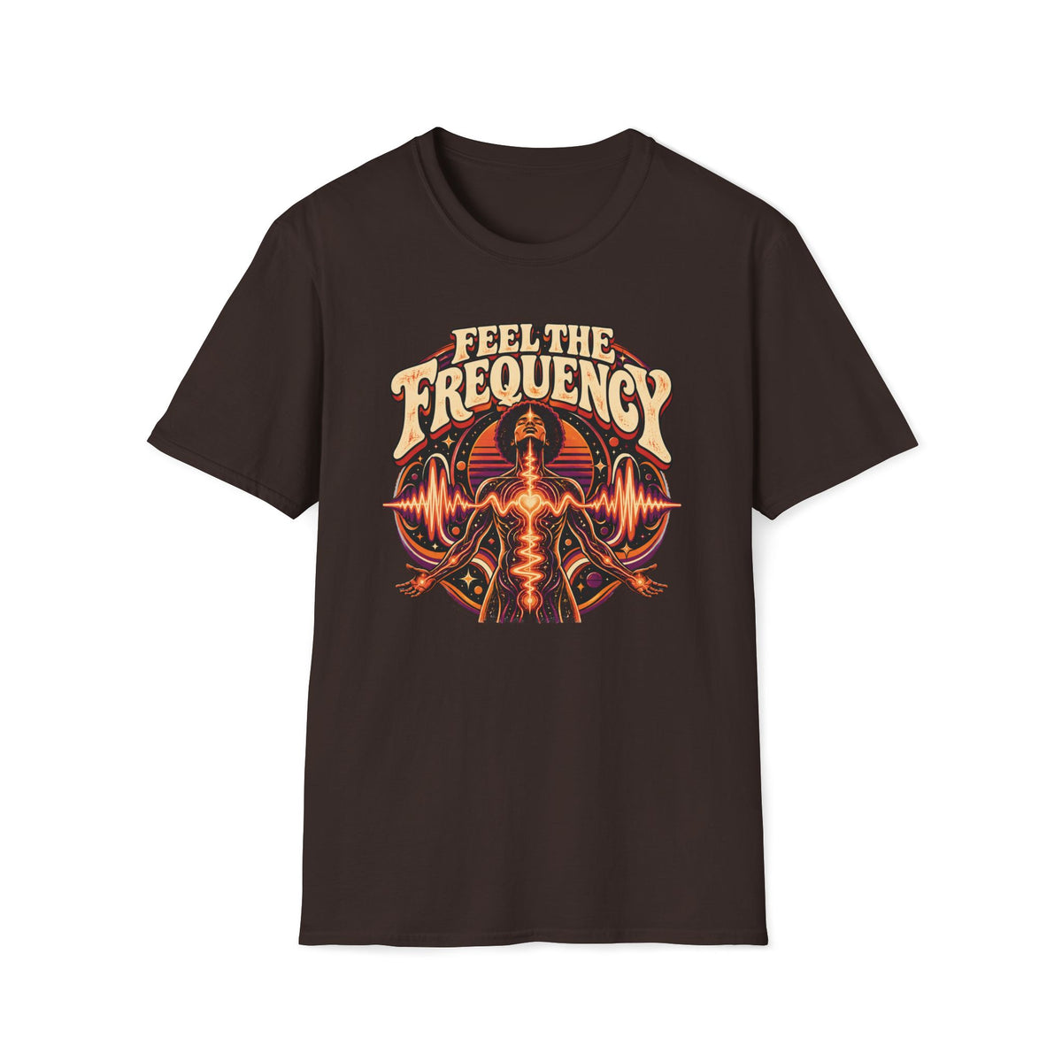 Dark brown Feel the Frequency T-shirt with a human figure within layered waves and frequency rings.