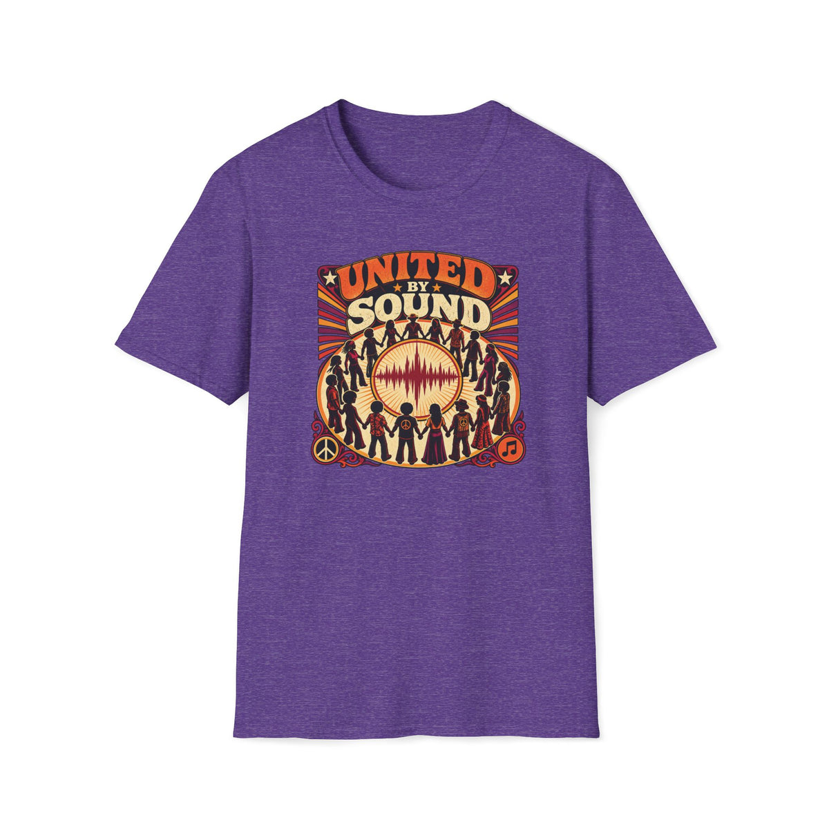 Heather purple United by Sound T-shirt with people holding hands around a waveform and peace symbol.
