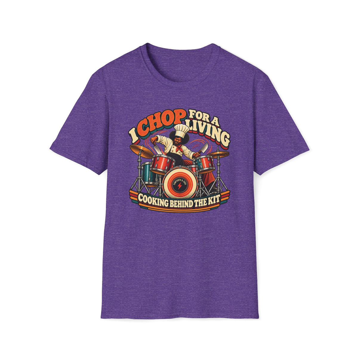 Heather purple I Chop for a Living T-shirt with a drummer in chef whites using kitchen knives as sticks.