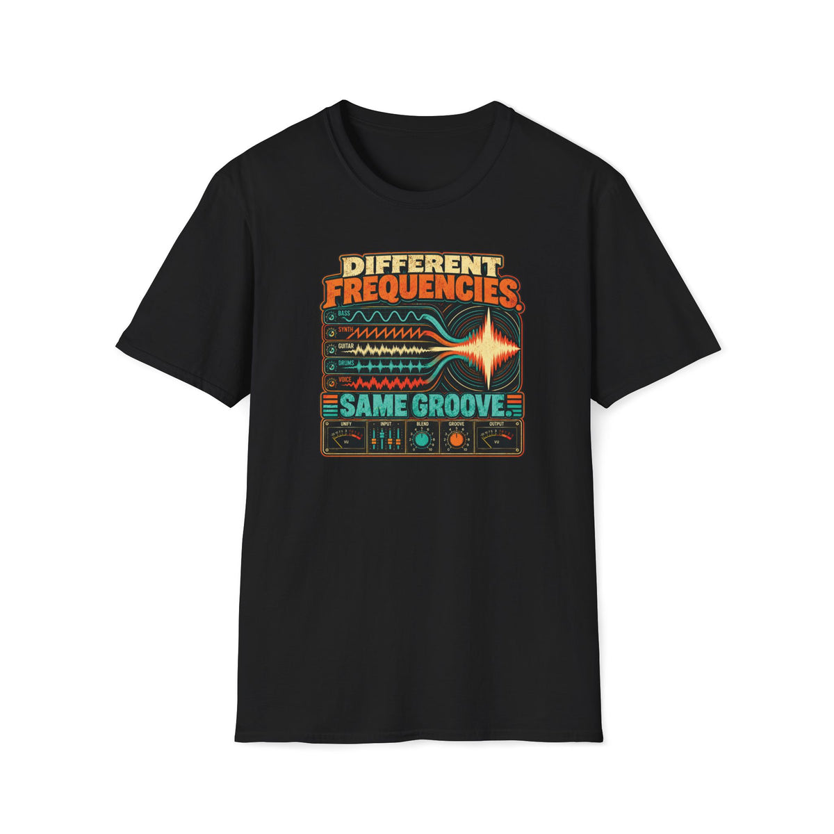 Black Different Frequencies Same Groove T-shirt with instrument waveforms converging above mixing controls.