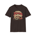 Dark brown Turn Emotion Into Sound T-shirt with a reel-to-reel recorder with tape turning into a waveform.