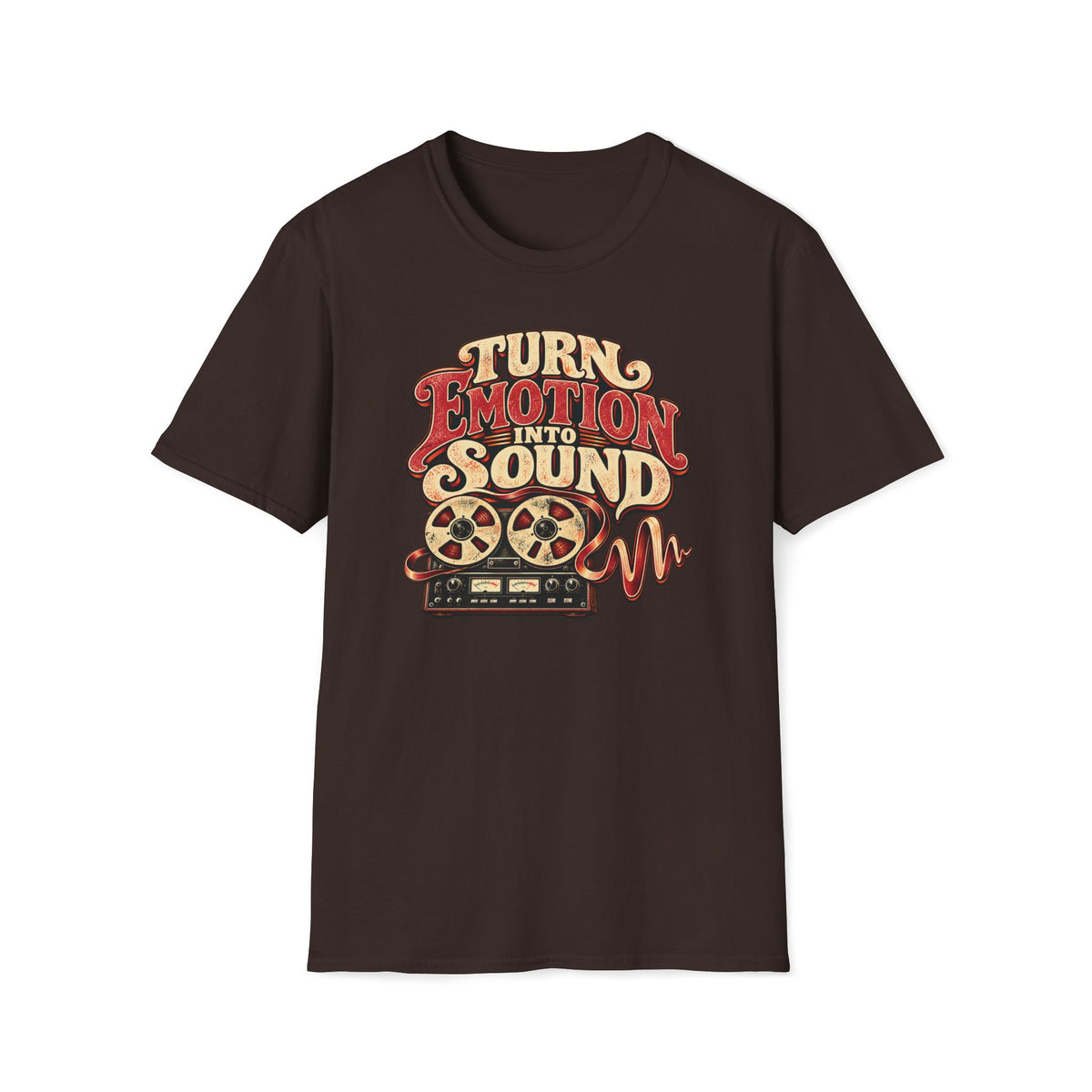 Dark brown Turn Emotion Into Sound T-shirt with a reel-to-reel recorder with tape turning into a waveform.
