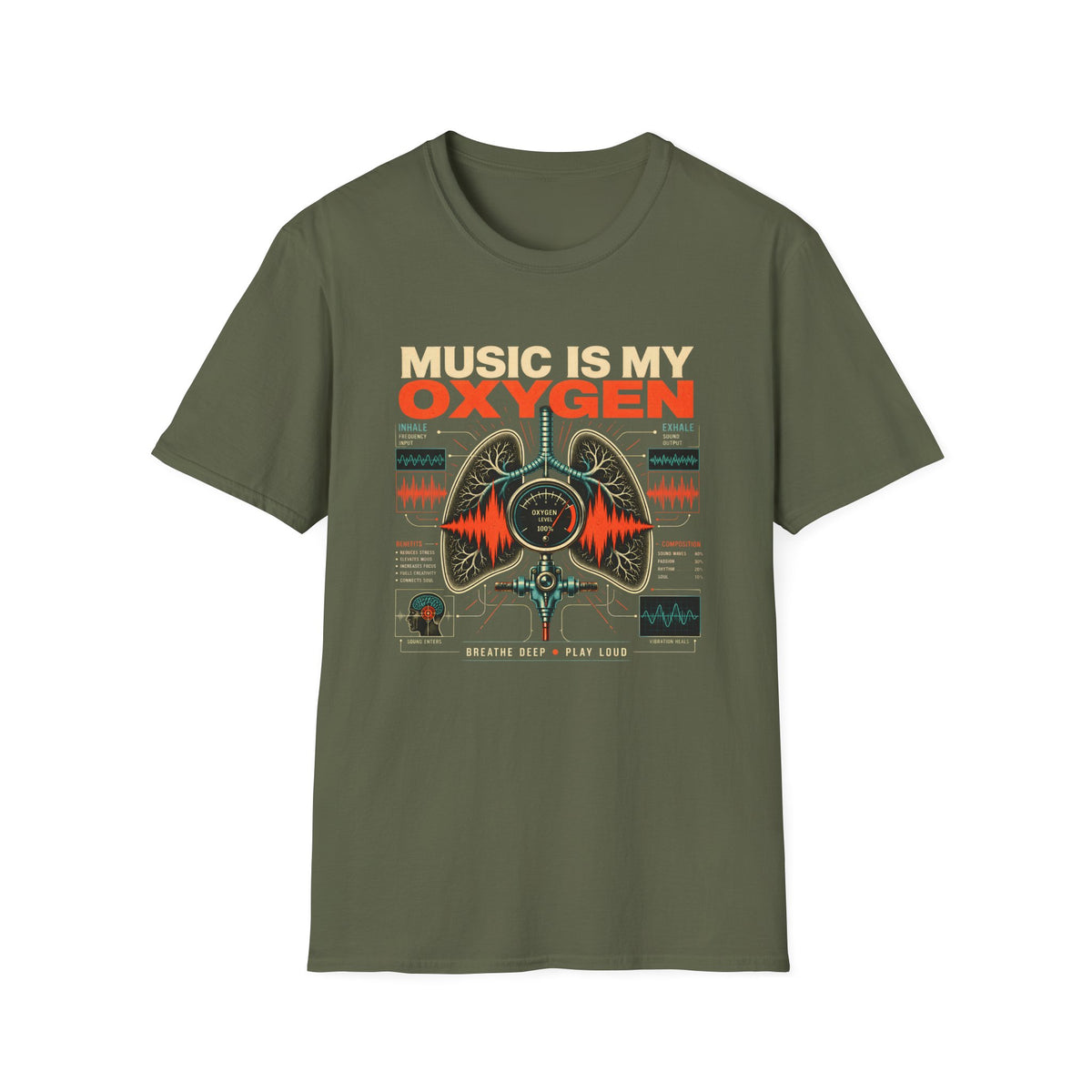 Military green Music Is My Oxygen T-shirt with anatomical lungs, waveforms, and vintage audio details.