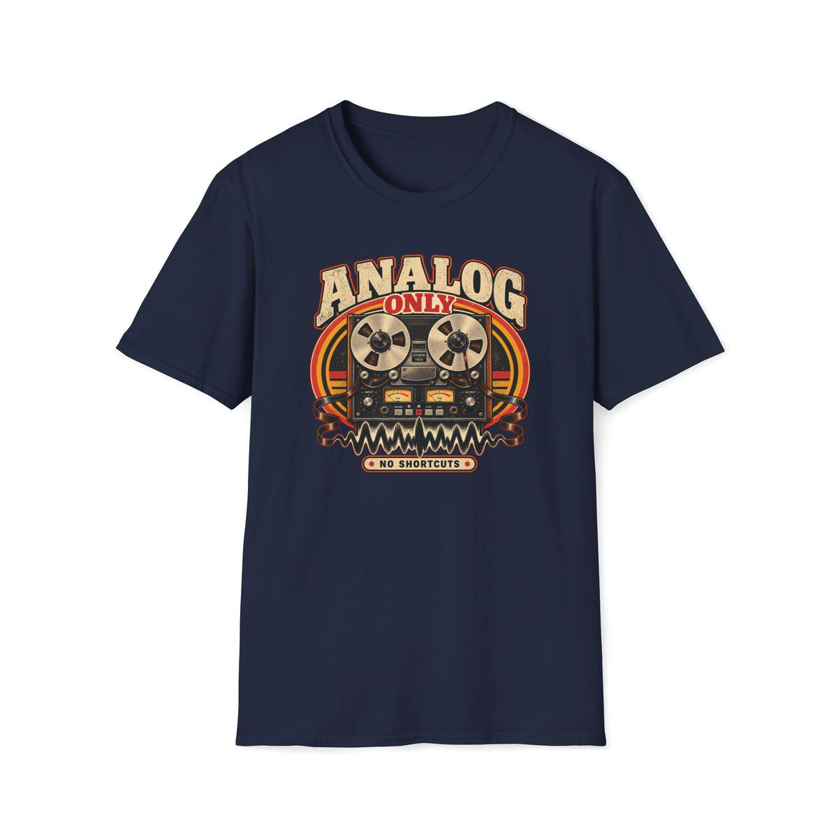 Navy Analog Only No Shortcuts T-shirt with a reel-to-reel recorder framed by tape and a waveform.
