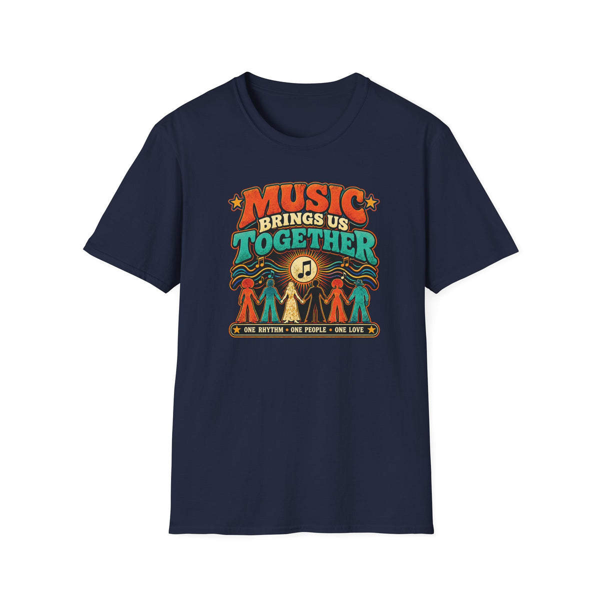 Navy Music Brings Us Together T-shirt with a musical note and people holding hands.
