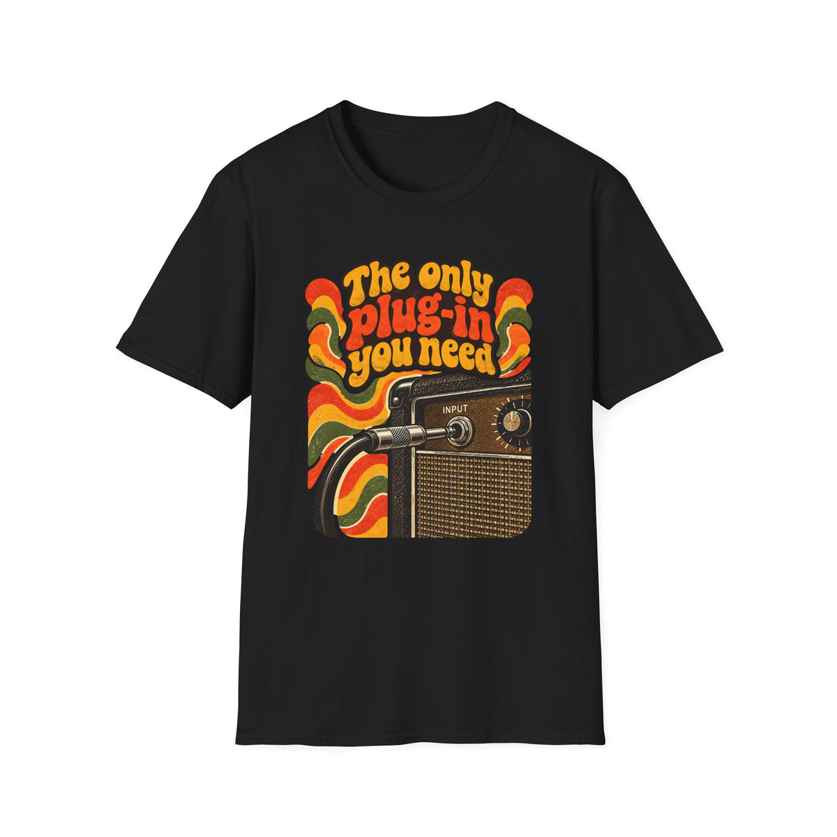 Black The Only Plug-In You Need T-shirt with a vintage guitar amplifier and plugged-in cable.