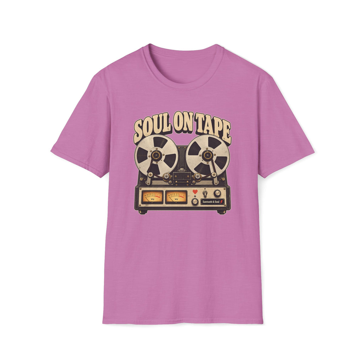 “Soul on Tape” T-shirt featuring a vintage reel-to-reel tape recorder with cream reels, twin gold VU meters, and a small red heart.