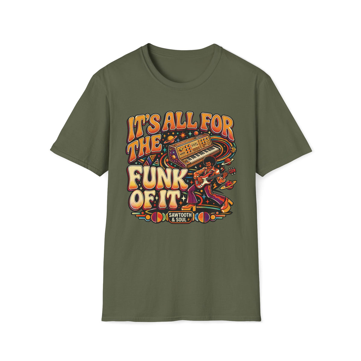 Military green It’s All for the Funk of It T-shirt with a bass guitarist, synthesizer, and orbiting planets.