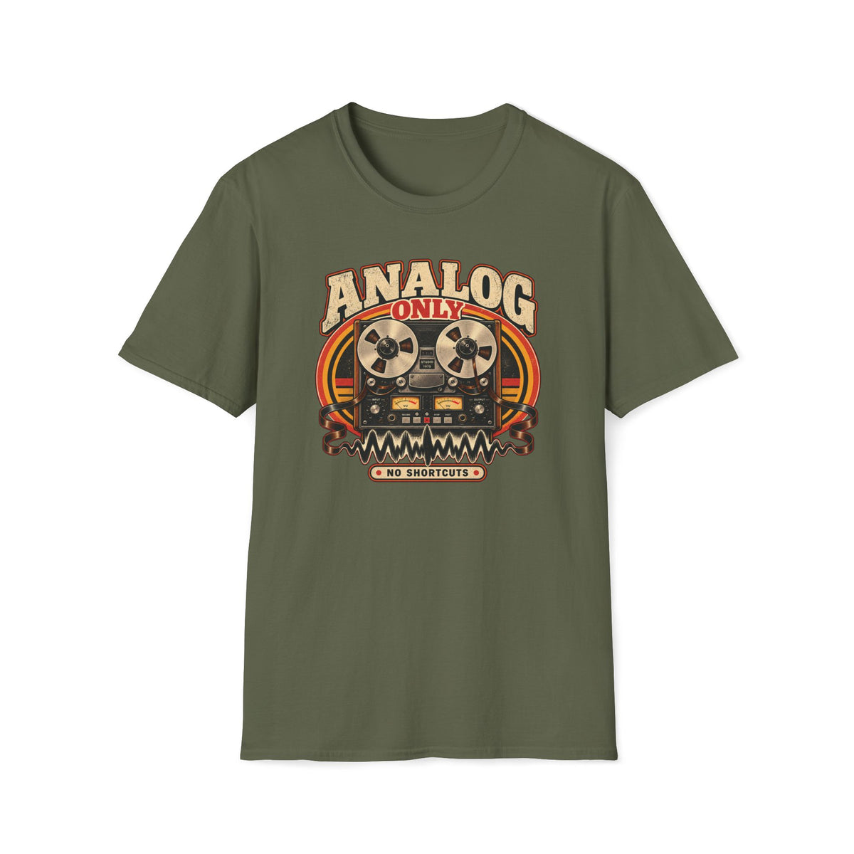 Military green Analog Only No Shortcuts T-shirt with a reel-to-reel recorder framed by tape and a waveform.