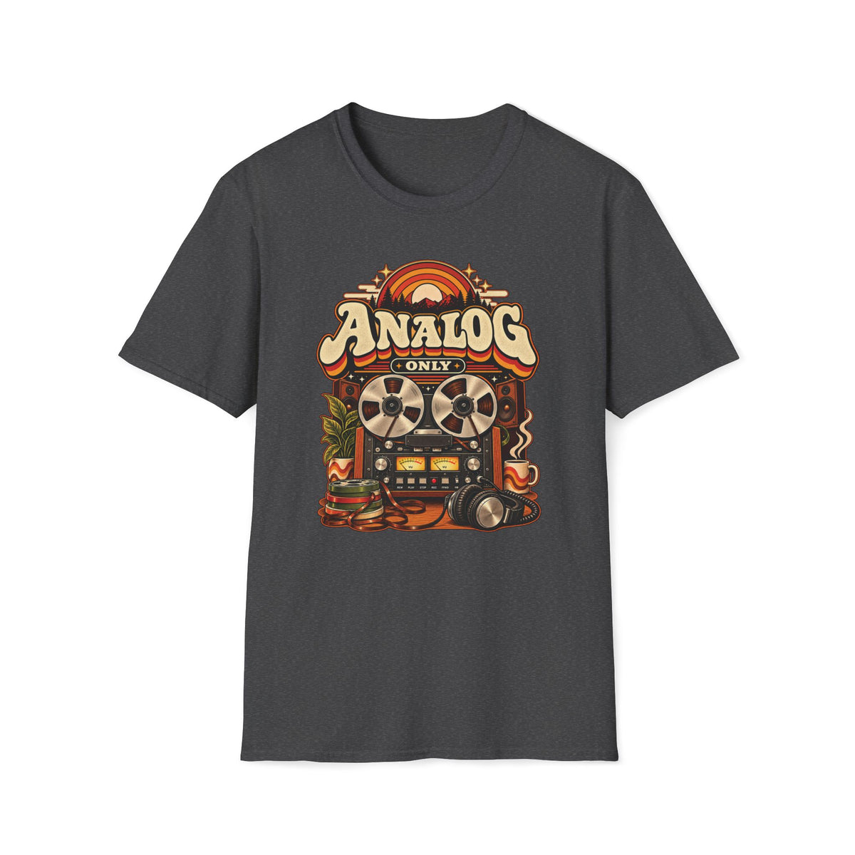 Dark heather gray Analog Only T-shirt with a reel-to-reel recorder, speakers, headphones, and coffee.