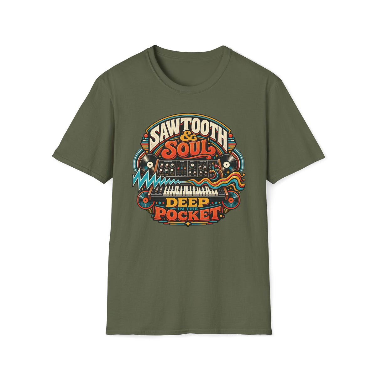 Military green Deep in the Pocket T-shirt with a synthesizer, records, and electric waveforms.