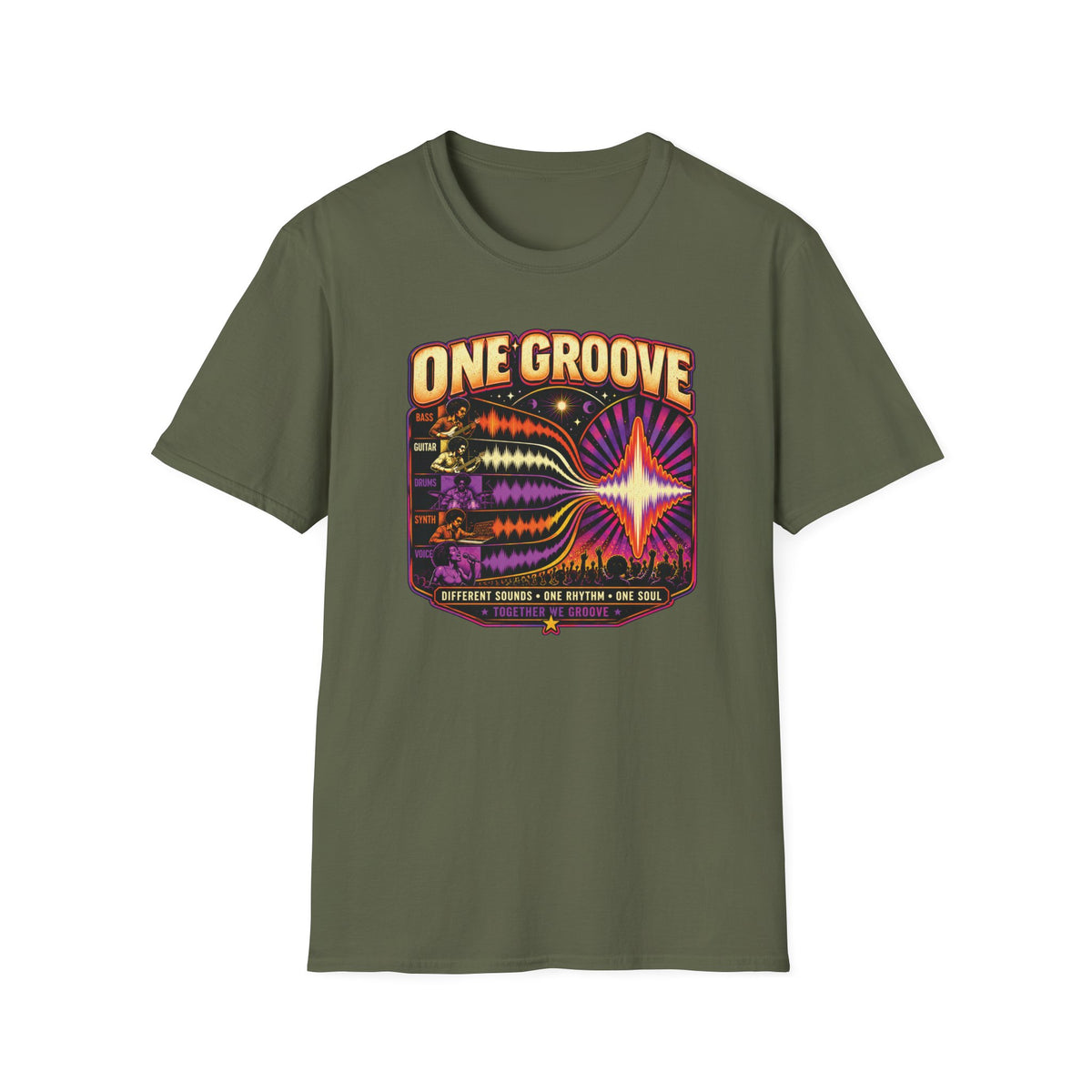 Military green One Groove T-shirt with instrument waveforms merging into a shared pulse.