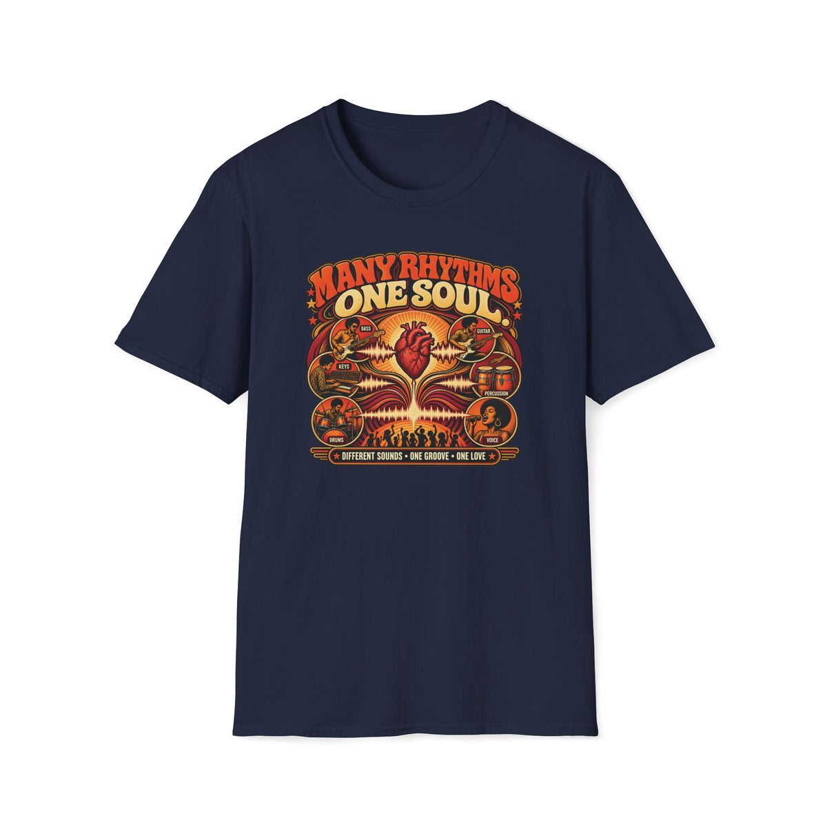 Navy Many Rhythms One Soul T-shirt with band instruments linked by waveforms around a heart.