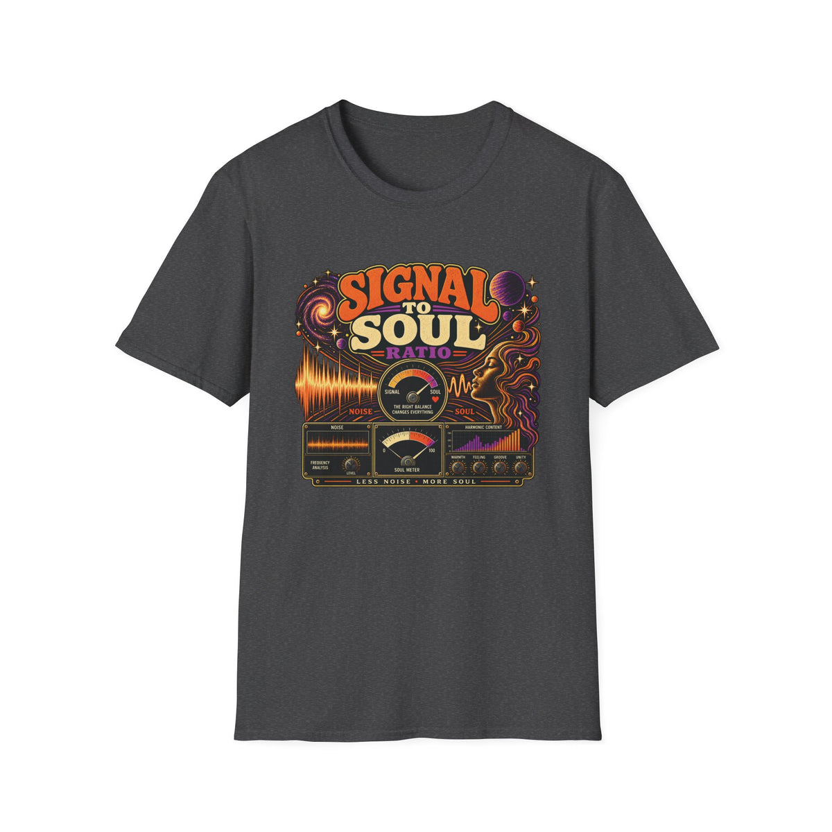Dark heather gray Signal to Soul Ratio T-shirt with vintage meters, a cosmic portrait, and waveforms.