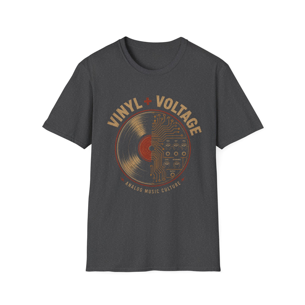 Dark heather gray Vinyl + Voltage T-shirt with a vinyl record merged with synthesizer circuitry.