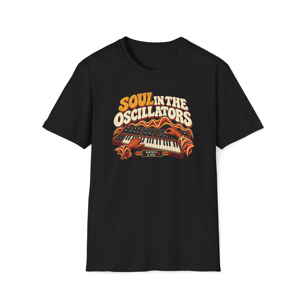 Black Soul in the Oscillators T-shirt with hands playing and adjusting a vintage synthesizer.