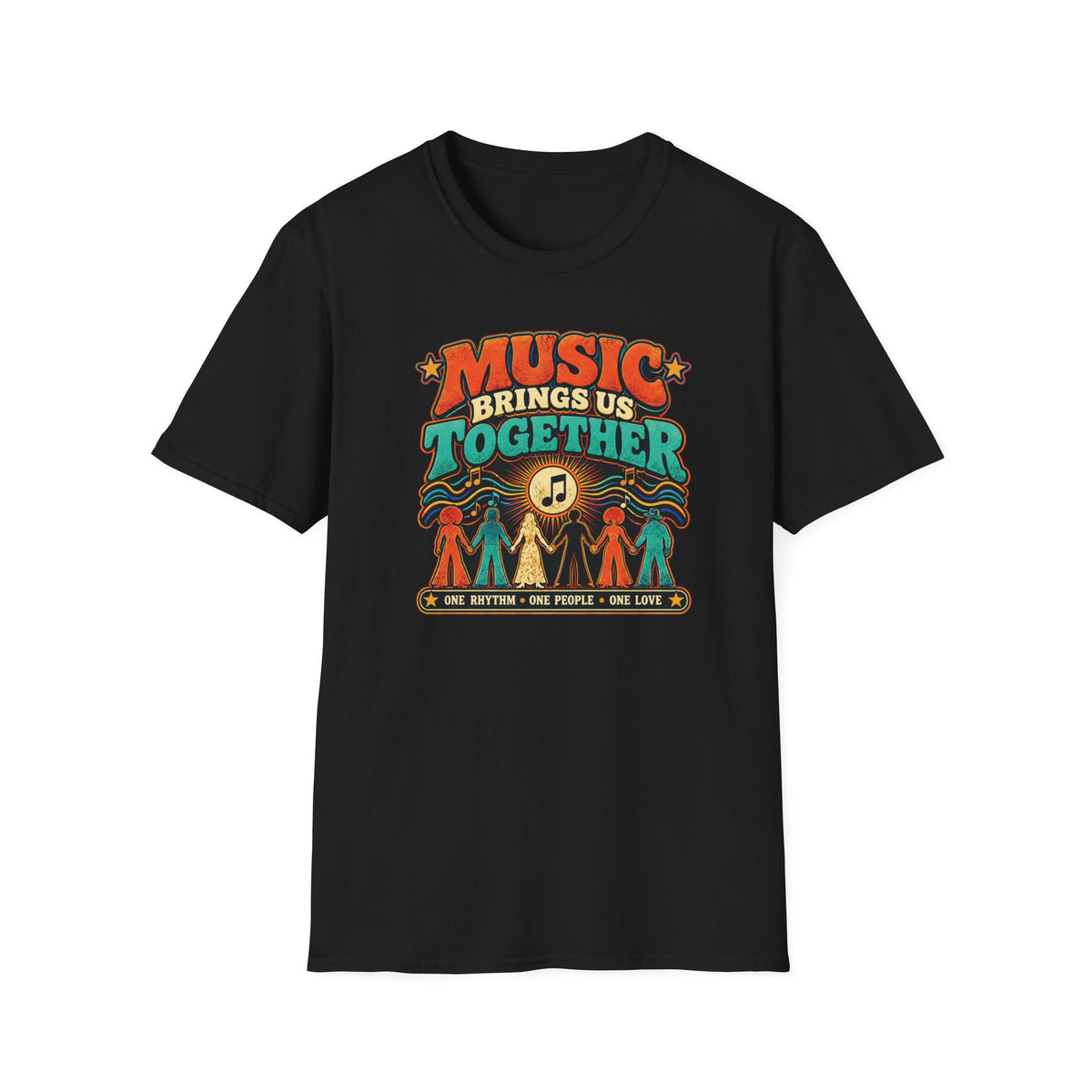 Black Music Brings Us Together T-shirt with a musical note and people holding hands.