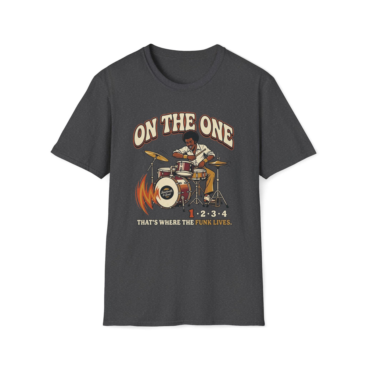 Dark heather gray On the One T-shirt with a drummer at a vintage kit with an accented first beat.