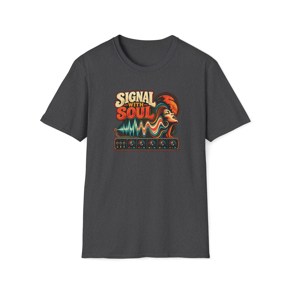 Dark heather gray Signal With Soul T-shirt with a portrait blended with teal waves and synth controls.