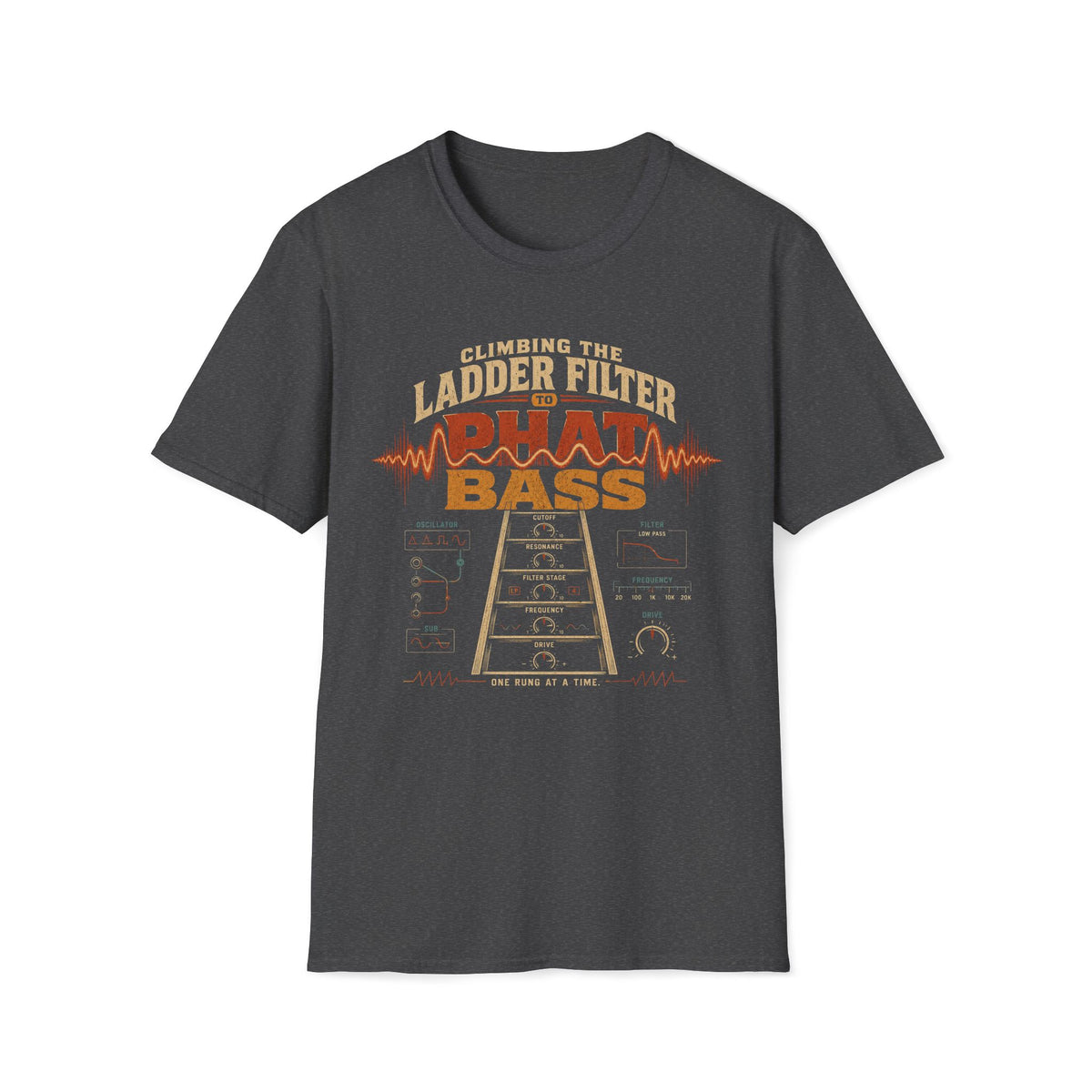 Dark heather gray Phat Bass T-shirt with a ladder-filter diagram with synth controls.