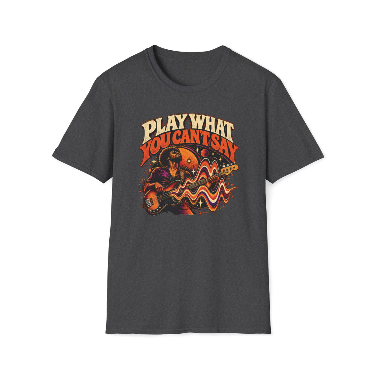 Dark heather gray Play What You Can't Say T-shirt with a bassist surrounded by flowing sound waves and stars.