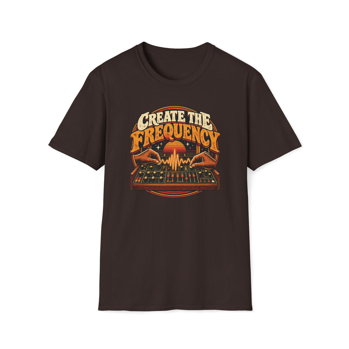 Dark brown Create the Frequency T-shirt with hands shaping a waveform above a synthesizer.