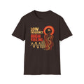 Dark brown Low Frequency High Feeling T-shirt with a soulful figure, halo, and gold waveform.