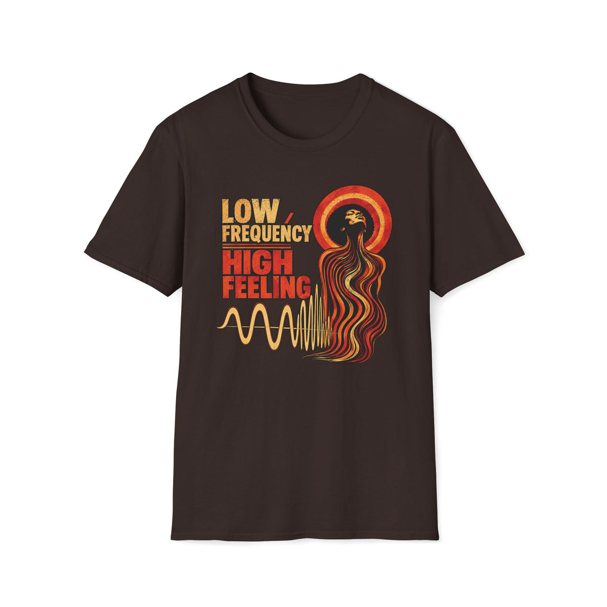 Dark brown Low Frequency High Feeling T-shirt with a soulful figure, halo, and gold waveform.