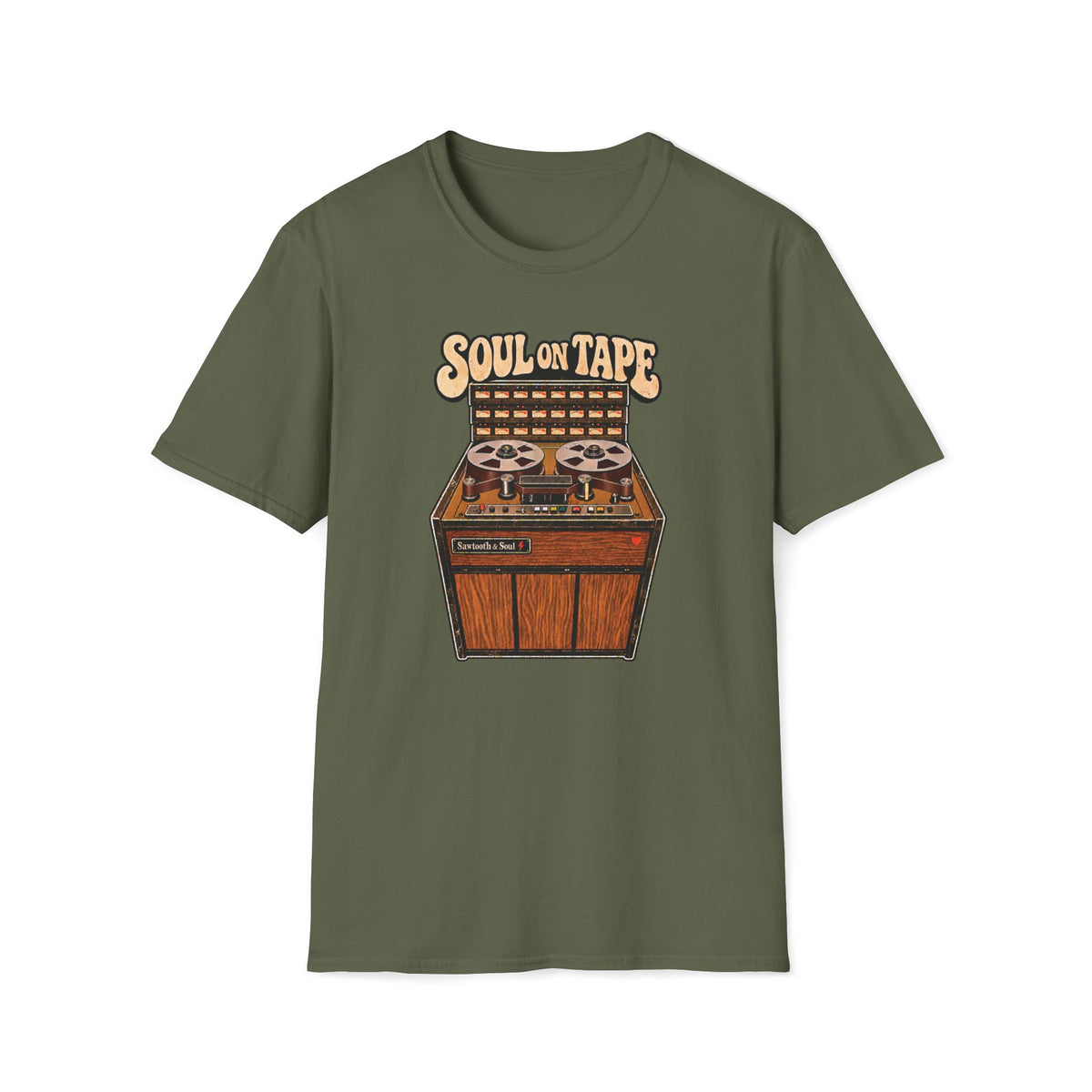 “Soul on Tape” T-shirt featuring a vintage multitrack tape machine with twin reels, a meter bank, woodgrain cabinet, and a small red heart.