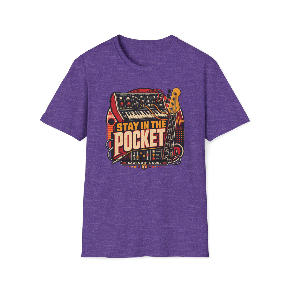Heather purple Stay in the Pocket T-shirt with a synthesizer, bass guitar, patch cables, and waveforms.