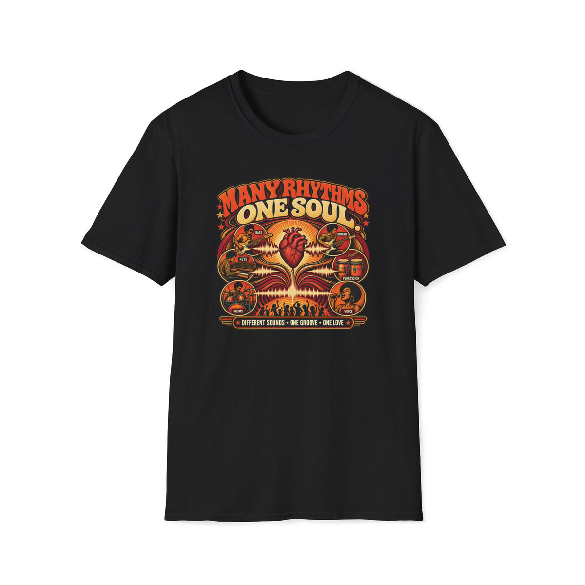 Black Many Rhythms One Soul T-shirt with band instruments linked by waveforms around a heart.