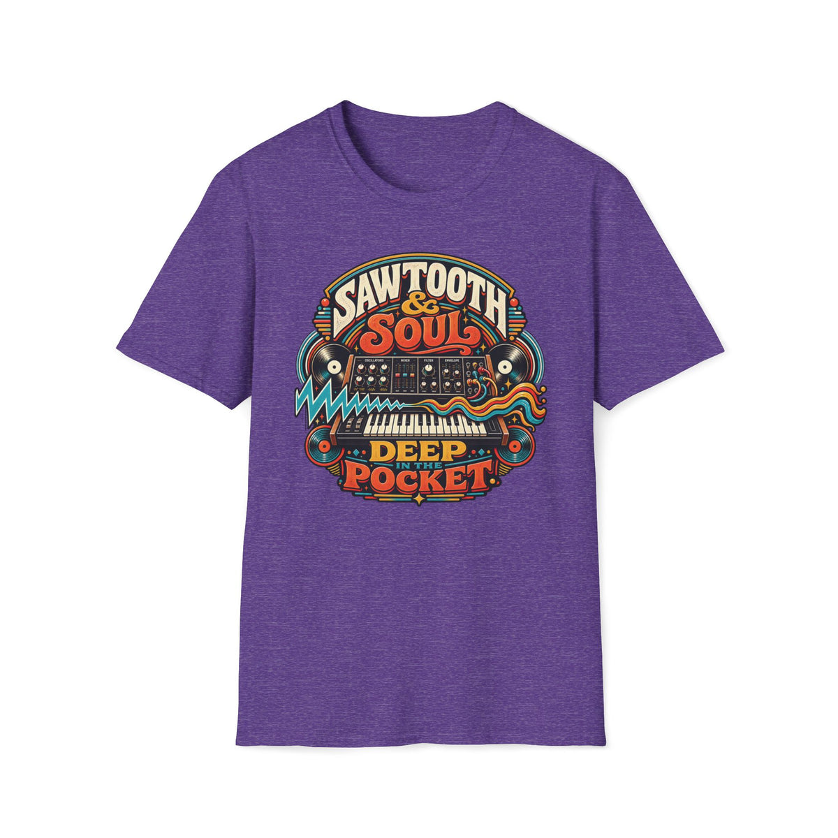 Heather purple Deep in the Pocket T-shirt with a synthesizer, records, and electric waveforms.
