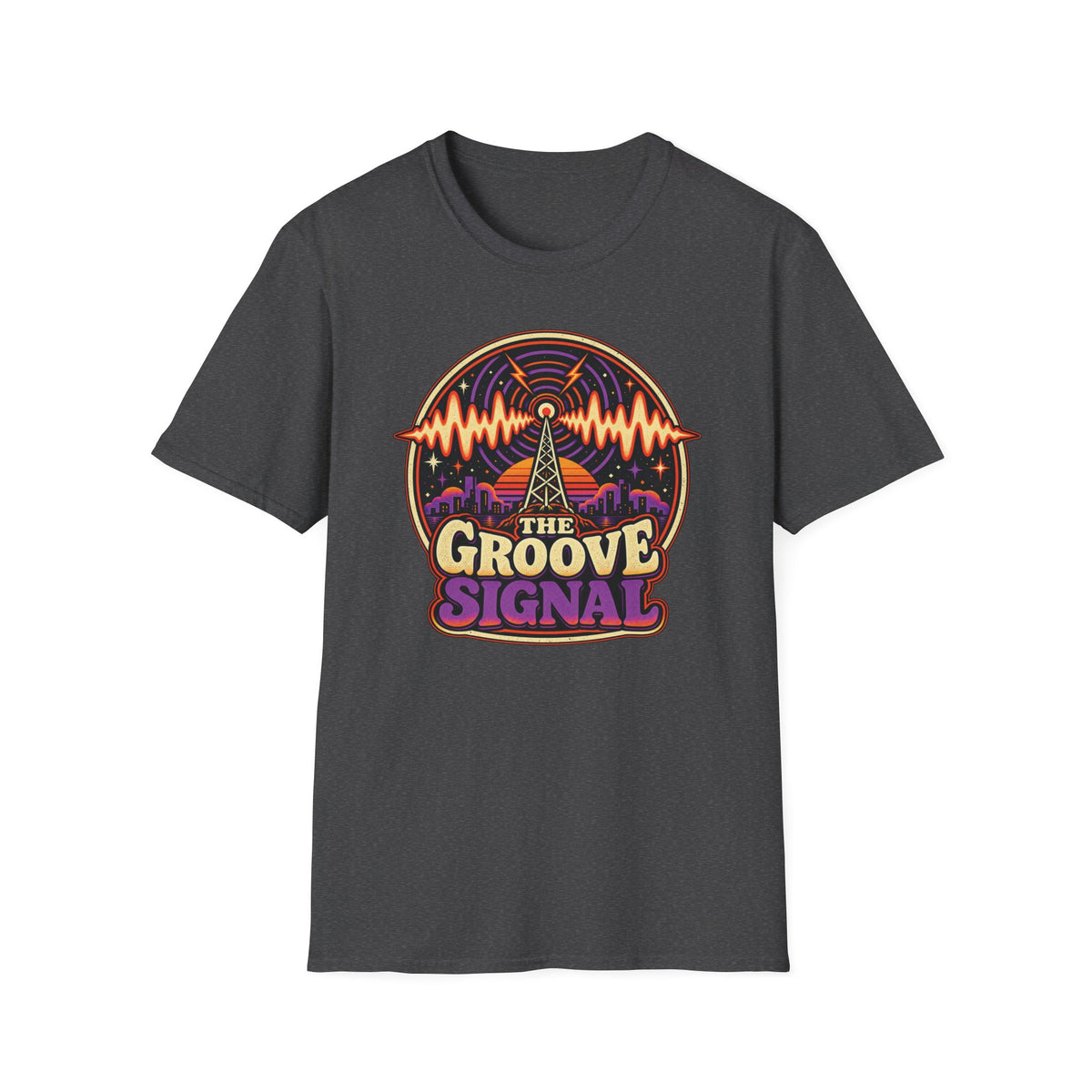 Dark heather gray The Groove Signal T-shirt with a radio tower, city skyline, and sound waves.