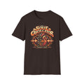 Dark brown The Soul Oscillator T-shirt with a heart-shaped analog oscillator and control knobs.